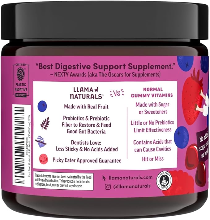 Llama Naturals Kids Pre &amp Probiotic Gummies + Adult Pre &amp Probiotics Bundle | No Added Sugar Cane | Vegan | Organic | Mixed Berry Flavor | 2 Bottles