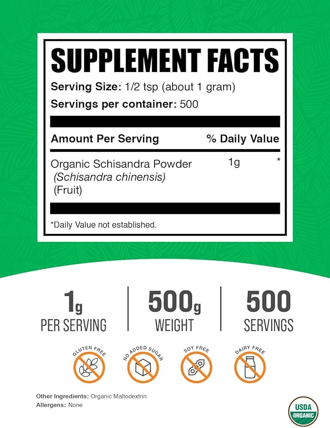 BulkSupplements.com Organic Schisandra Powder - Organic Schisandra Supplement from Schisandra Berry - Gluten Free - 1g per Serving 500g (1.1 lbs) (Pack of 1)