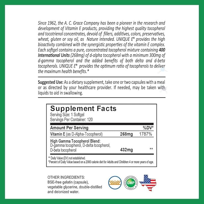 UNIQUE E A.C. Grace Company Mixed Tocopherols 120 Soft Gels Supports Healthy Brain Function General Health and Aging Support All-Natural Vitamin E and Kosher