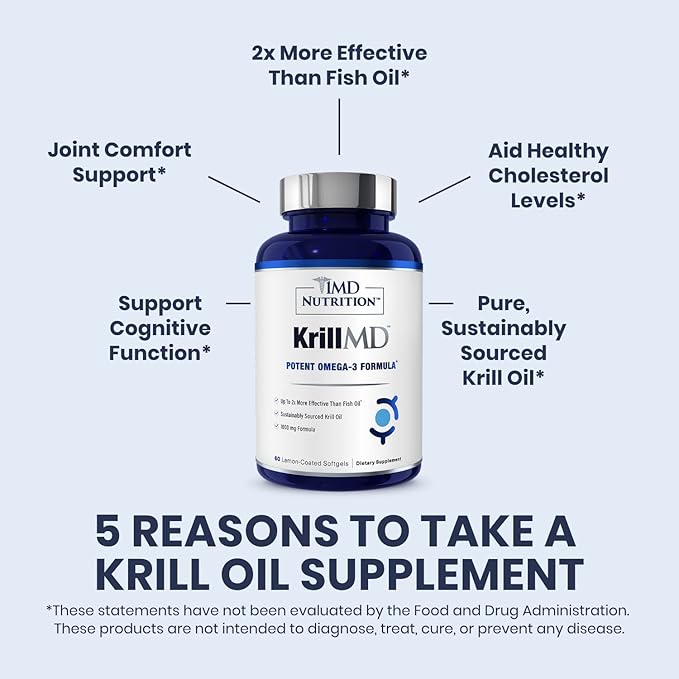 1MD Nutrition KrillMD - Antarctic Krill Oil Omega 3 Supplement with Astaxanthin EPA DHA | 2X More Effective Than Fish Oil | 60 Softgels