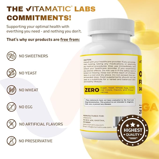 Vitamatic Triple Strength Omega 3 Fish Oil 3600mg Per Serving 2160mg Omega 3 Fatty Acids 1296mg EPA + 864mg DHA Burpless Lemon Flavor 180 Softgels- 2 Pack
