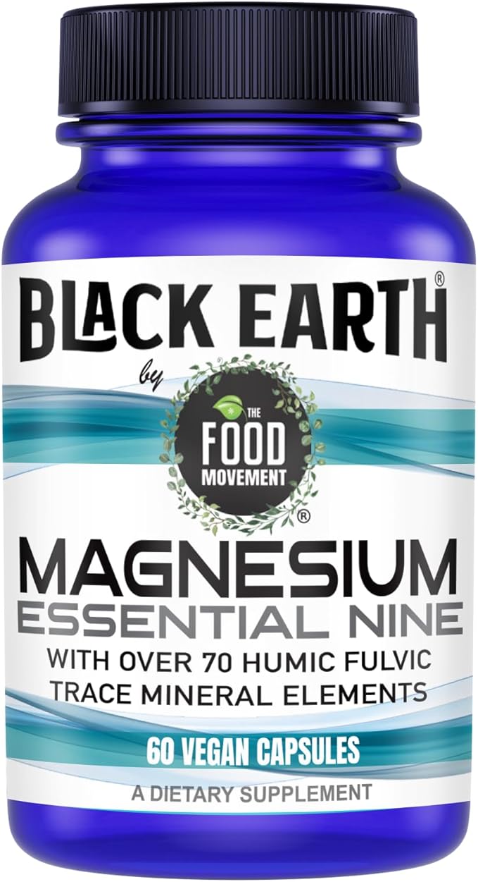 The Food Movement Co. Black Earth Magnesium Essential Nine - Magnesium Glycinate Citrate Malate and More - 9 Bioactive Forms for Optimal Health (60 Count)
