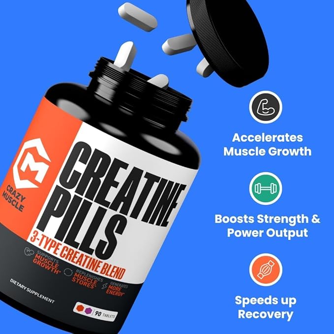 Crazy Muscle ThreeAtine Creatine Monohydrate Pills 5g Pure 3X Formula for Muscle Support &amp Training Performance - High Absorption Pre Workout Supplement for Men &amp Women Fitness 30 Servings