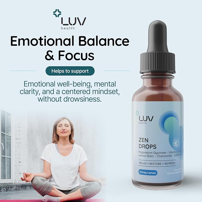 LUV health Zen Drops 3Pack: Stress &amp Anxiety Support Drops with Magnesium Glycinate Vitamin D3 Lemon Balm Chamomile Saffron L-Theanine. Keto Vegan USA Made Non-GMO 90 Servings