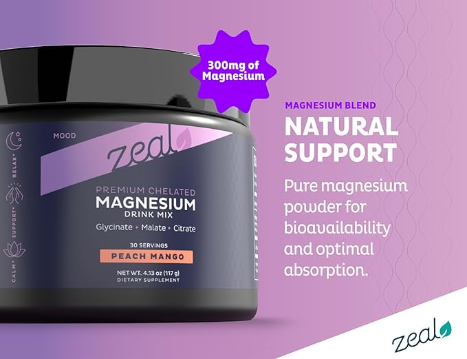 Premium Chelated Peach Mango Magnesium Glycinate Malate Citrate Triple Blend Magnesium Complex (Drink Mix (30 Serv.)