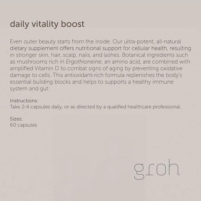 Groh Daily Vitality Boost - All Natural Hair Growth Supplement powered by ErgoD2 - Rich in Antioxidants - Vitamins for Stronger Hair Skin &amp Nails- Best Choice for Thinning Hair - 60 Count