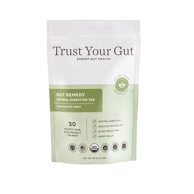 Trust Your Gut Organic Herbal Tea Blend – Lemon Balm Holy Basil Dandelion &amp Ginger Root – Supports Healthy Digestion &amp Gut Balance – Chocolate Mint 30 Bags