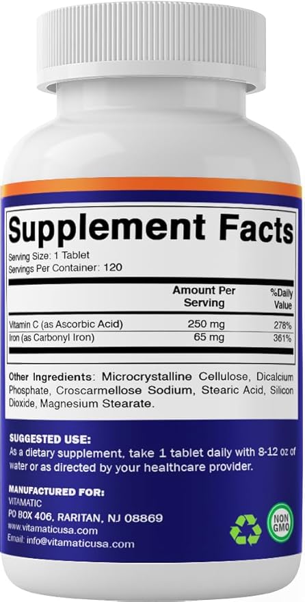 Vitamatic Carbonyl Iron 65 mg with Vitamin C – 120 Tablets - Gentle Iron Supplement for Energy &amp Immune Support – High Absorption – 2 Pack