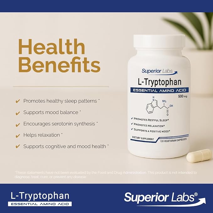 Superior Labs L-Tryptophan 500 mg Capsules Pure Non-GMO Amino Acid High Absorption Supports Sleep and Mood Helps with Occasional Stress PMS Support 120 Veg Caps