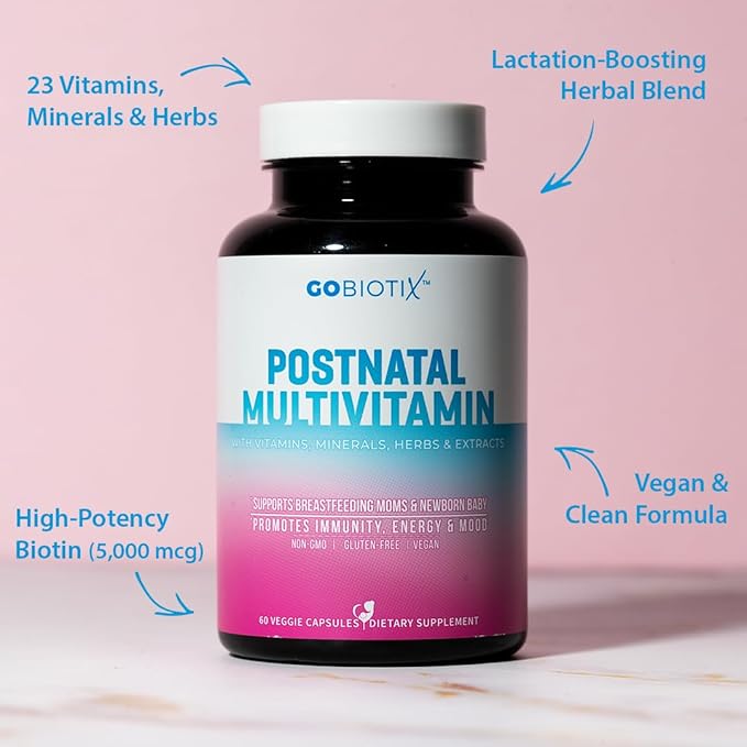 GOBIOTIX Postpartum Vitamins for Breastfeeding Moms - Postnatal Lactation Supplement with Organic Herbs Minerals Nutrients for New Mothers and Baby - Postpartum Essentials Non GMO Vegan 60 Caps