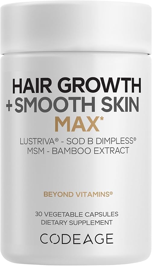 Codeage Hair Growth + Smooth Skin Max Vitamins Supplement - Patented Lustriva &amp SOD B Dimpless Superoxide Dismutase - Hair Growth Health Skin Cellulite Support - Biotin Vitamin C MSM - 30 Capsul
