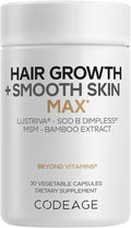 Codeage Hair Growth + Smooth Skin Max Vitamins Supplement - Patented Lustriva &amp SOD B Dimpless Superoxide Dismutase - Hair Growth Health Skin Cellulite Support - Biotin Vitamin C MSM - 30 Capsul