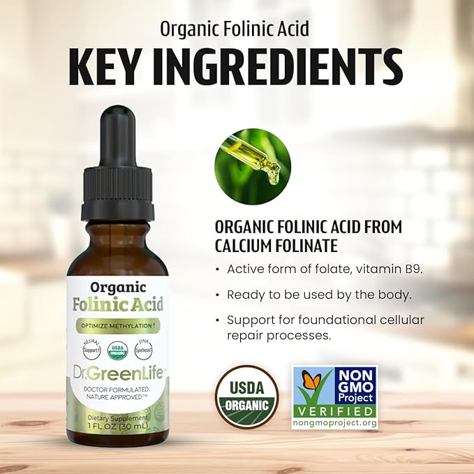 Dr. Green Mom USDA Organic Folinic Acid Drops - 500 mcg per Drop | Methylation Support B9 Supplements for Kids &amp Adults | Supports Neurological Function Nervous System Health &amp DNA Synthesis