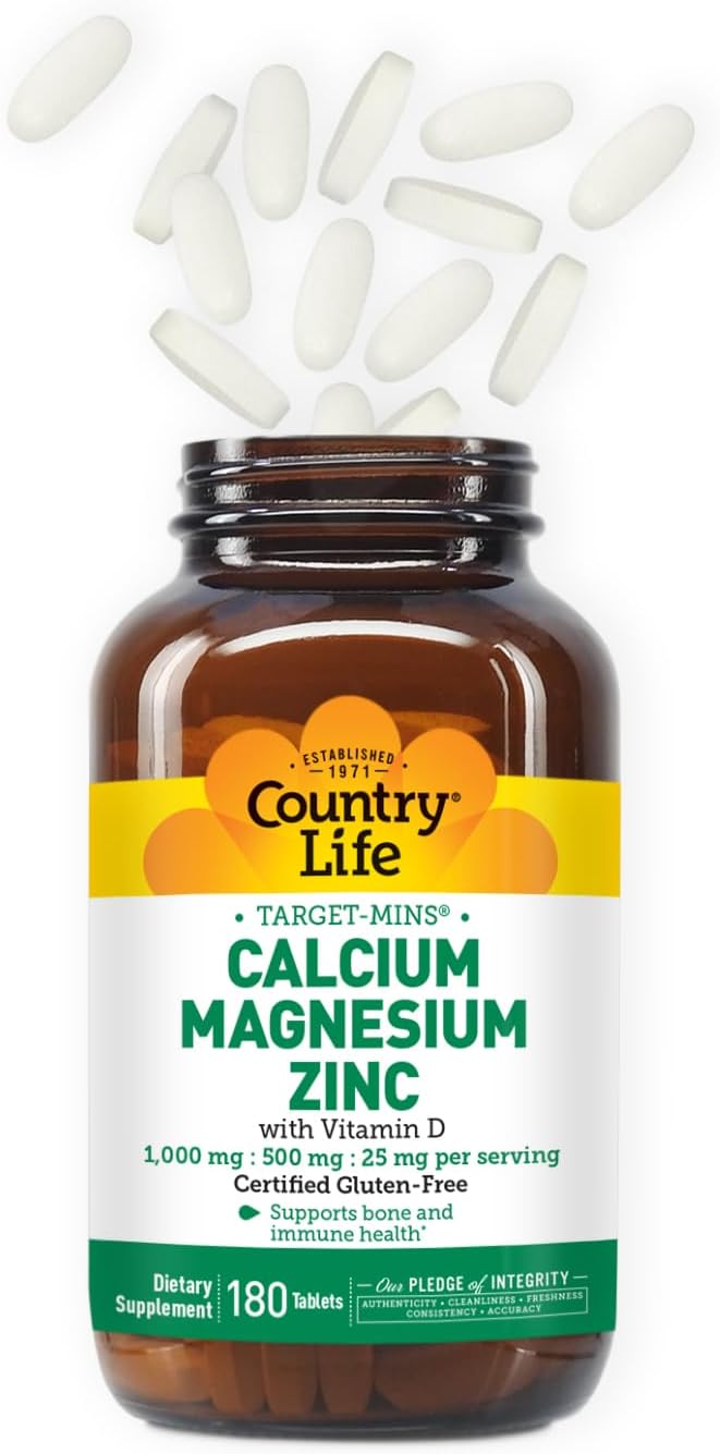 Country Life Calcium Magnesium Zinc with Vitamin D3 and L-Glutamic Acid Dietary Supplement for Bone Support Certified Gluten Free  1000mg/500mg/25mg 180 Tablets