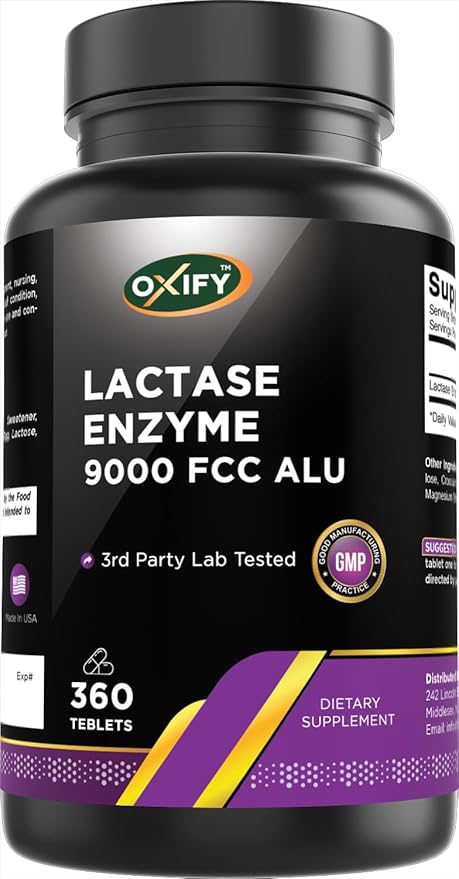 Oxify Lactase Enzyme 9000 FCC ALU | 360 Tablets | Gluten-Free Non-GMO | Supplement Made in USA