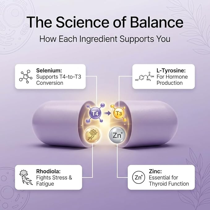 BOND Thyroid Complex Thyroid Support Supplement for Women &amp Men Selenium 200mcg L-Tyrosine 500mg Natural Energy &amp Metabolism Booster with Zinc &amp Rhodiola Extract Iodine Free - 60 Caps