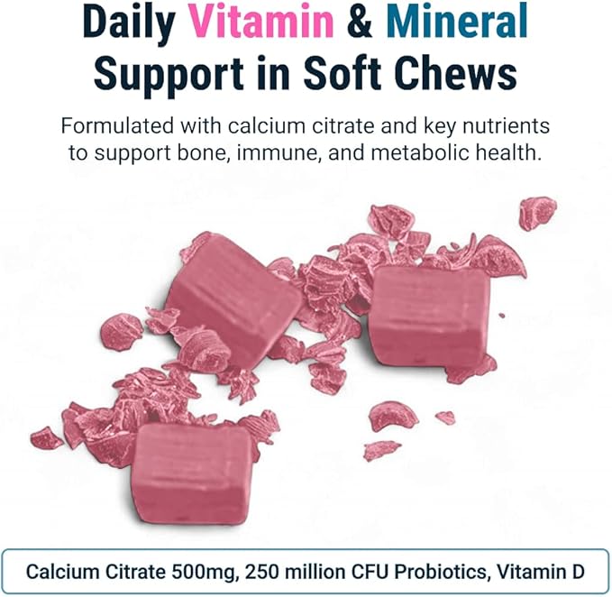 BariatricPal Sugar-Free Calcium Citrate Soft Chews | 500mg with Vitamin D &amp Probiotics | Strawberry Twist | 90 Count (1 Month Supply)