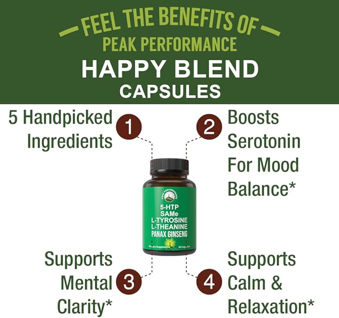 Peak Performance Mood Support Supplement with 5 Top Ingredients: 5HTP SAM e L Tyrosine L Theanine and Panax Ginseng. Calm Focus Relaxation Supplements. Vegan