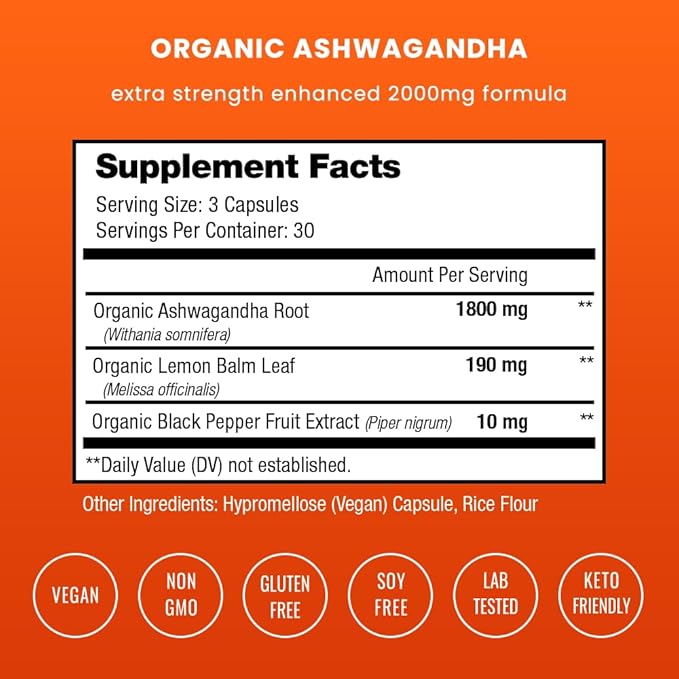 NutraChamps Organic Ashwagandha Capsules 2000mg Adrenal Fatigue Thyroid &amp Mood Support Ashwagandha Supplements Ashwagandha Root Powder &amp Lemon Balm Superior Absorption with Black Pepper