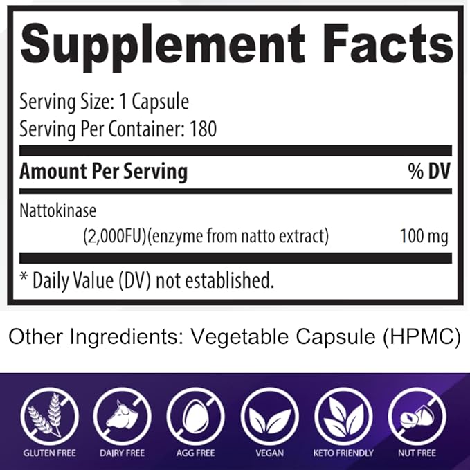 Nattokinase Supplement 2000FU 180 Vegan Capsules | Fermented Enzyme Supplement for Circulation &amp Cardiovascular Wellness | Non-GMO Plant-Based 6 Month Supply Supplements (2)