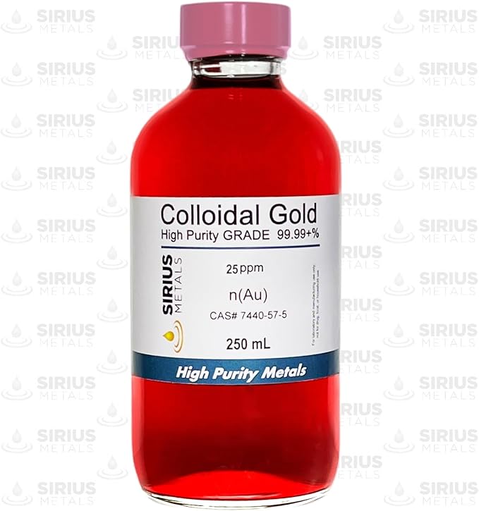 True Colloidal Gold – 25 ppm - 99.99+% Purity - 250 mL (8.45 Fl Oz) in Clear Glass Bottle - Made in USA