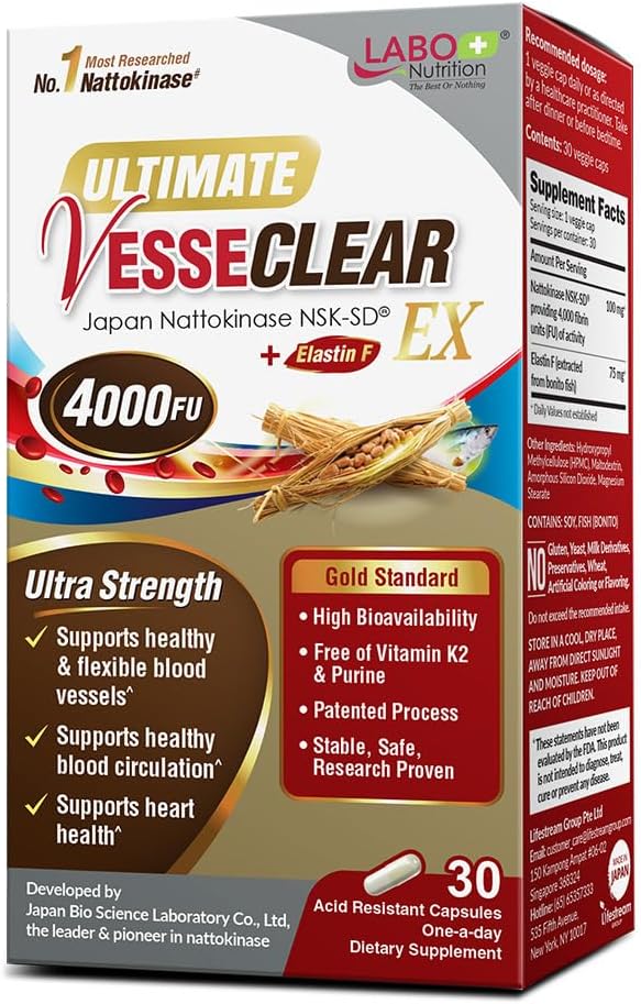 LABO Nutrition Ultimate VesseCLEAR EX Nattokinase NSK-SD 4000FU &amp Elastin F Vessel Circulation &amp Brain Health Support Japanese Supplement Shelf Stable Acid Resistant DRCaps Delayed Release C