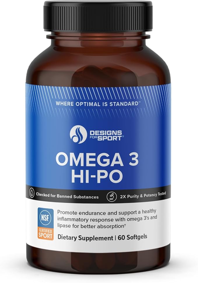 Designs for Sport Omega 3 HI-PO - High-Potency Triglyceride Fish Oil - 1500 mg Omega-3 with 750 mg EPA &amp 750 mg DHA - No Fishy Aftertaste - 60 Softgels