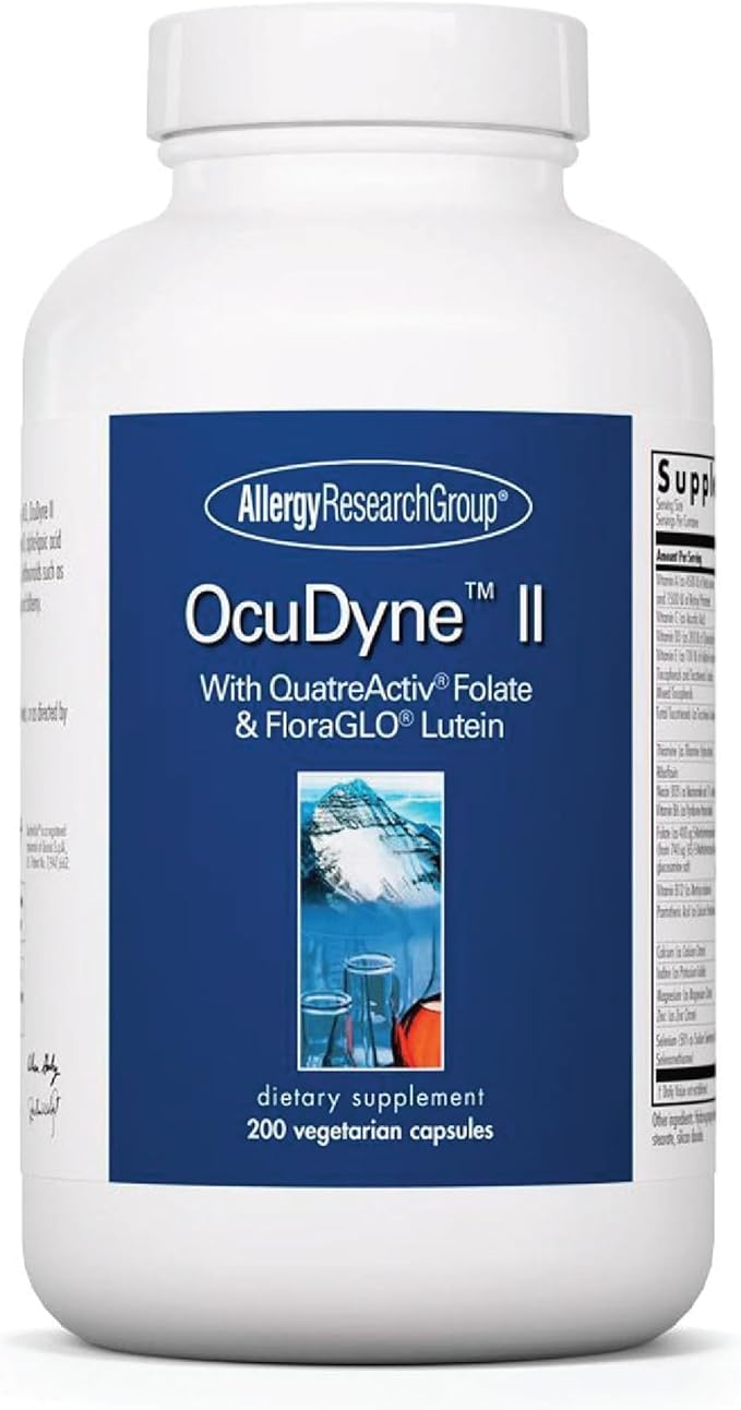 Allergy Research Group OcuDyne II Supplement - Eye Support Vitamins for Vision Eye Health for Adults Vision Support Multivitamin Formula QuatreActiv Folate FloraGLO Lutein - 200 Count
