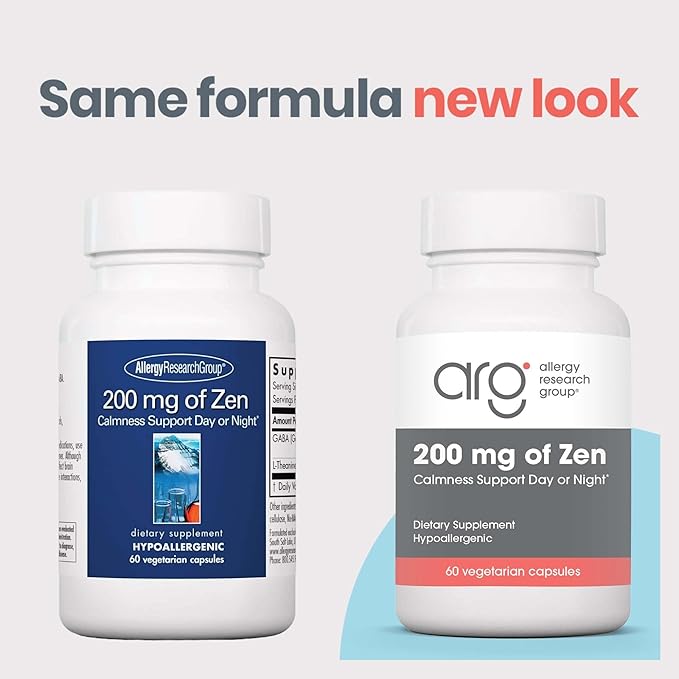 Allergy Research Group ARG 200 mg of Zen - Supports Calm and Stress Balance - Delivers 200 mg L-Theanine &amp 550 mg GABA per Serving - Vegetarian &amp Hypoallergenic - 30 Servings - 60 Capsules