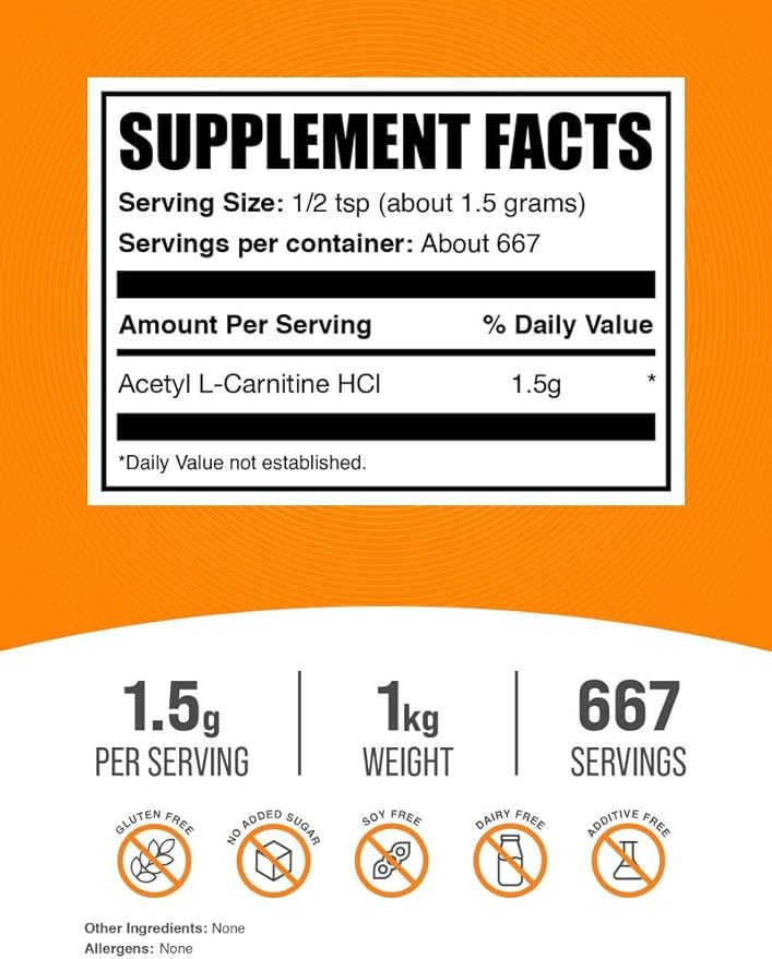 BulkSupplements.com Acetyl L-Carnitine Powder - as ALCAR HCl Carnitine Supplement - Gluten Free 1.5g per Serving 1kg (2.2 lbs) (Pack of 1)