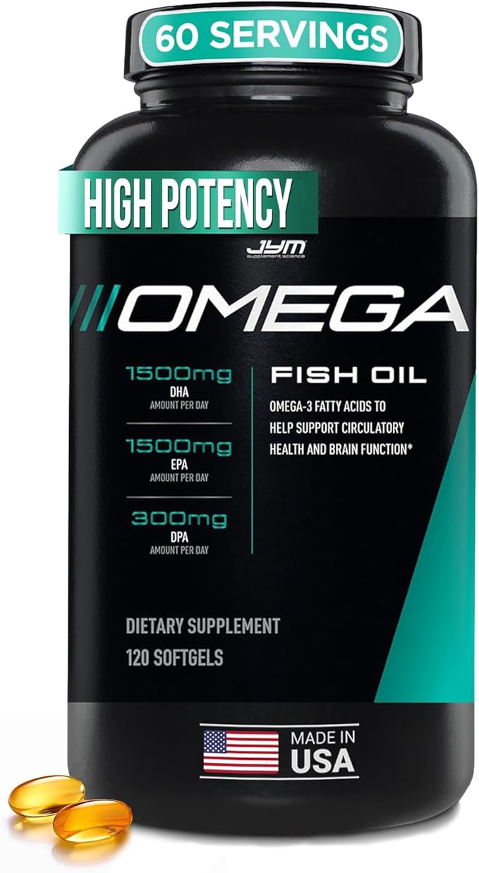 JYM Supplement Science Omega JYM Fish Oil 2800mg High Potency Omega 3 EPA DHA DPA for Brain Heart &amp Joint Support 120 Soft Gels