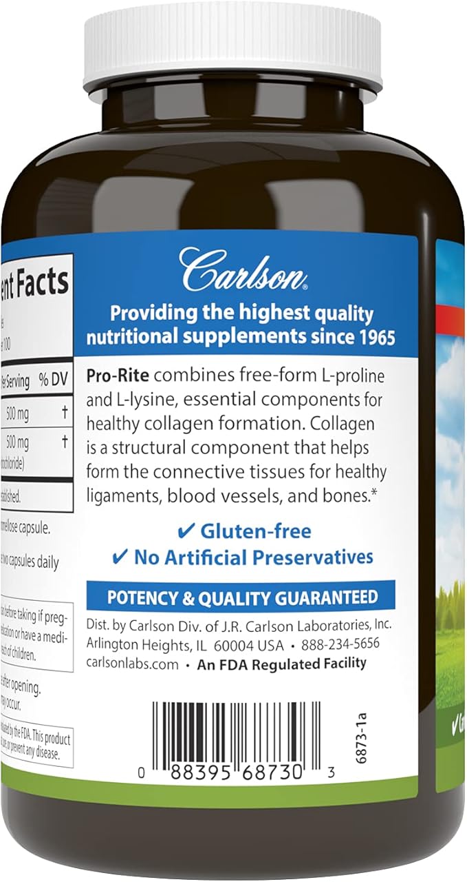 Carlson - Pro-Rite Free-Form L-Proline &amp L-Lysine Health Joint Support &amp Collagen Formation 200 Capsules