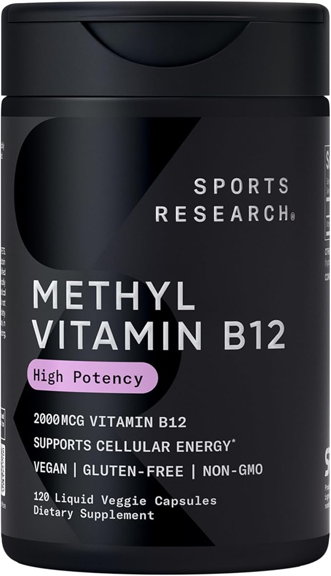 Sports Research® Celular Energy Pack - Plant Based Vitamin B12 as Methylcobalamin 2000mcg + CoQ10 100mg Enhanced w/Coconut Oil &amp Bioperine + High-Absorption Magtein® 2000mg