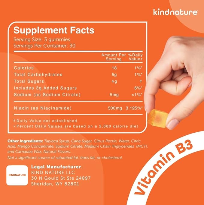 kindnature Vitamin B3 Niacinamide Gummies 500mg – Flush-Free Niacin Supplement – Supports Skin Energy &amp Nervous System Wellness – Vegan Non-GMO Gluten-Free Soy-Free – 90 Gummies