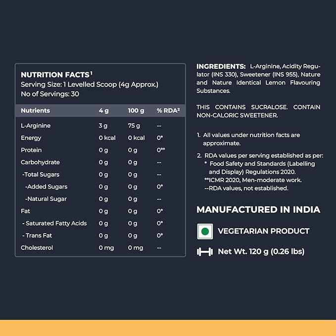 L-Arginine Supplement Lemon Flavor Pre Workout Amino Acid for Endurance Muscle Building &amp Help Muscle Recovery -120 Gm Powder