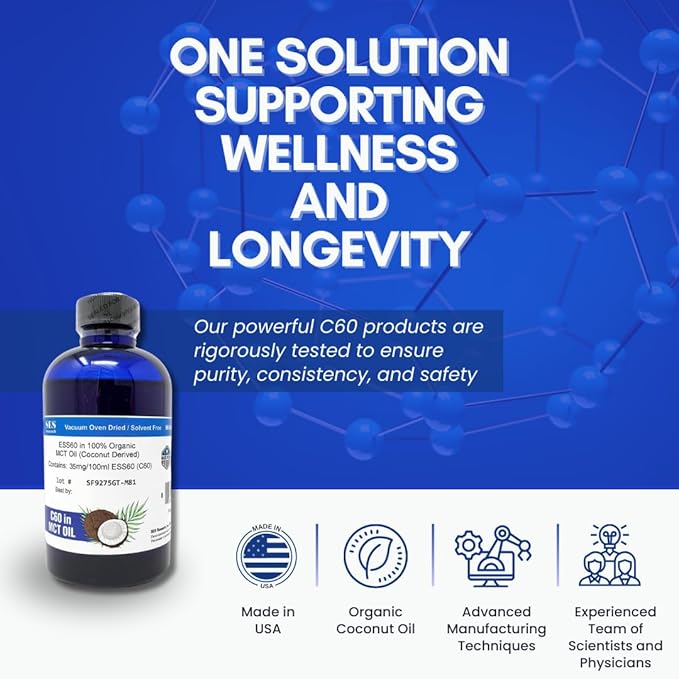 SES Research C60 Organic MCT Oil Coconut Derived - 99.99% Carbon60 - Antioxidant Nootropic Supplement - For Longevity - Sleep - Energy &amp Immunity 4Oz