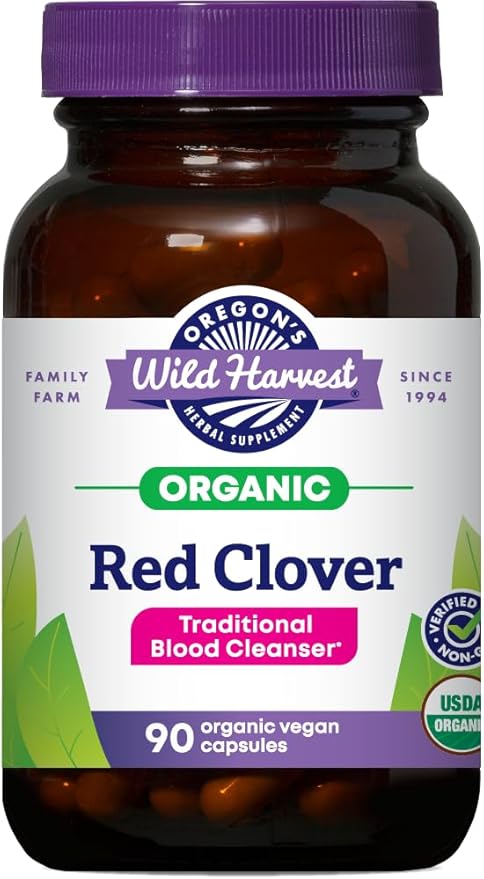 Oregon's Wild Harvest Red Clover Capsules Non-GMO Organic Herbal Supplements 90 CountOrganic Red Clover Blossoms and Leaf (Trifolium pratense) Non-GMO Vegan Capsules and Nothing Else