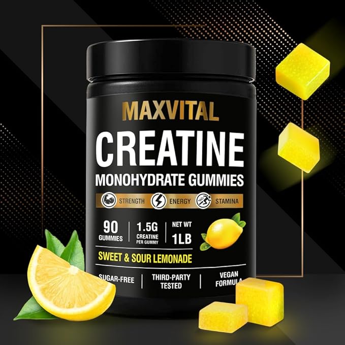 Creatine Monohydrate Gummies 1500 mg – Sweet &amp Sour Lemonade Chewable – Pre-Workout for Strength &amp Muscle Support – Vegan Sugar-Free &amp Halal – for Men &amp Women – 90 Gummies