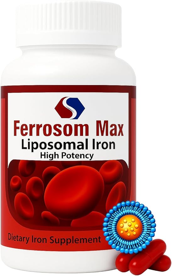Max Liposomal Iron Supplement 60 Capsules (45mg Pure Elemental Iron) by Siba Pharm | Maximum Absorption Formula | Non GMO Vegan Premium Quality | Helps New Blood Cell Production.