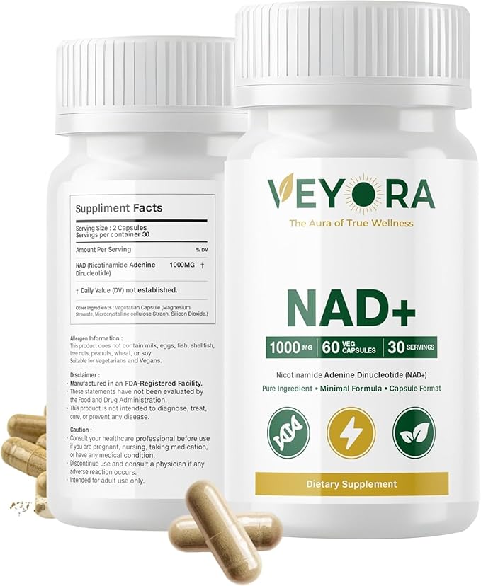 NAD+ 1000 mg | 60 Vegan Capsules | Nicotinamide Adenine Dinucleotide (NAD+) | Dietary Supplement | Non-GMO | Gluten-Free | Made for USA