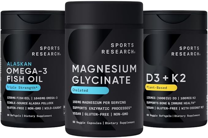 Sports Research® Multivitamins Pack - 160 mg Chelated Magnesium Glycinate + Triple Strength Omega-3 Fish Oil 1250 + Vegan Vitamin D 5000iu &amp Mk7 Vitamin K 100mcg