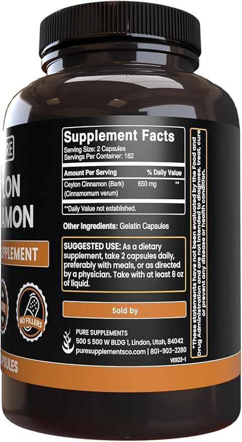 PURE ORIGINAL INGREDIENTS Ceylon Cinnamon (365 Capsules) No Magnesium Or Rice Fillers