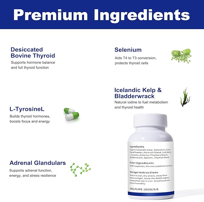 Desiccated Raw Grass-Fed Bovine Thyroid for Hypothyroidism &amp Hashimoto’s | Desiccated Thyroid Supplement – Boosts Energy Mood &amp Metabolism – with L-Tyrosine Selenium &amp Iodine – 100 Capsu