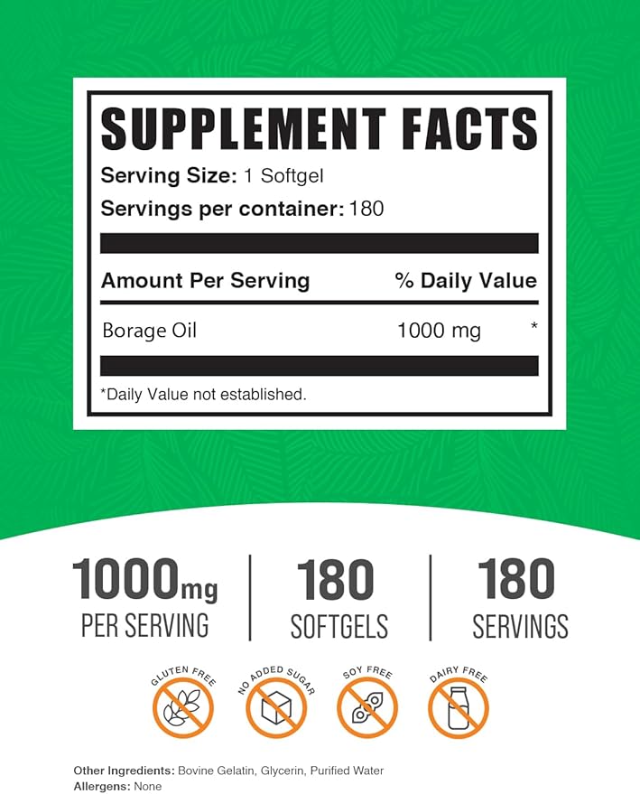 BulkSupplements.com Borage Oil Softgels - Gamma Linolenic Acid Supplement Borage Oil Supplements Borage Oil 1000mg - Gluten Free 1 Softgel per Serving 180 Count (Pack of 1)
