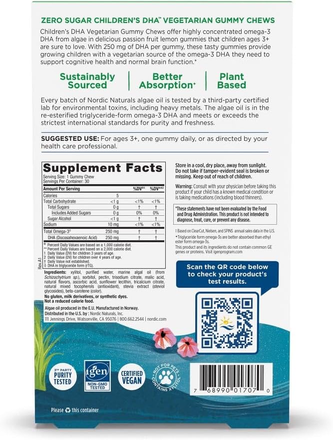Nordic Naturals Zero Sugar Children’s DHA Vegetarian Gummy Chews - Passion Fruit Lemon Flavor - 30 Gummies - Vegan Algae Oil Omega-3 Supplement for Kids Brain &amp Cognition Support - 30 Servings