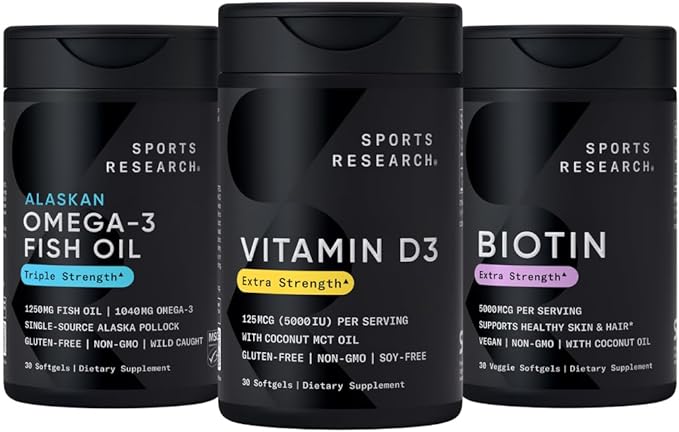 Sports Research Body Wellness Pack - Triple Strength Omega-3 Fish Oil 1250mg from Wild Alaska Pollock Vitamin D3 5000 IU with Coconut MCT Oil (125mcg) and Vegan Biotin 5000mcg Vitamin B7