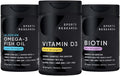 Sports Research Body Wellness Pack - Triple Strength Omega-3 Fish Oil 1250mg from Wild Alaska Pollock Vitamin D3 5000 IU with Coconut MCT Oil (125mcg) and Vegan Biotin 5000mcg Vitamin B7
