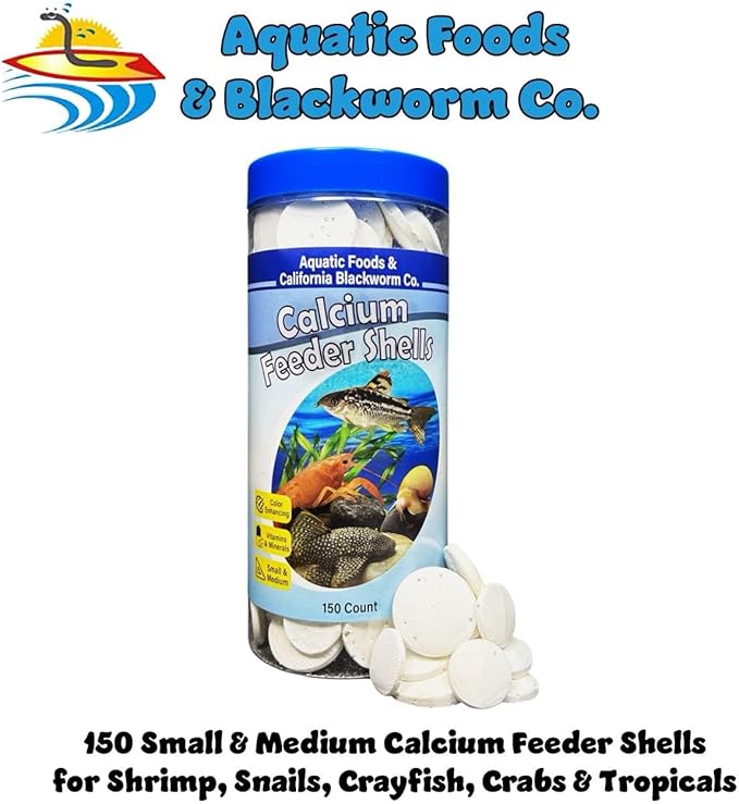 Aquatic Foods Inc. Calcium Feeding Shells Small &amp Medium for Shrimp Snails Crabs Crayfish Plecos Catfish All Tropical Fish 4-Type Wafer &amp 12-Type Pellet Mix Included 150 Count Canister
