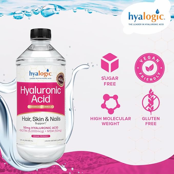 Hyalogic Liquid Hyaluronic Acid Supplement - Support for Healthy Hair Skin and Nails with 5000 mcg Biotin and 50mg MSM - Natural Hydration for the Whole Body - High Molecular Weight Formula - 12 oz