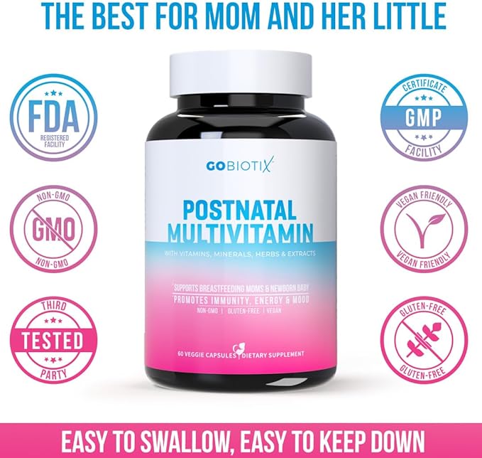 GOBIOTIX Postpartum Vitamins for Breastfeeding Moms - Postnatal Lactation Supplement with Organic Herbs Minerals Nutrients for New Mothers and Baby - Postpartum Essentials Non GMO Vegan 60 Caps